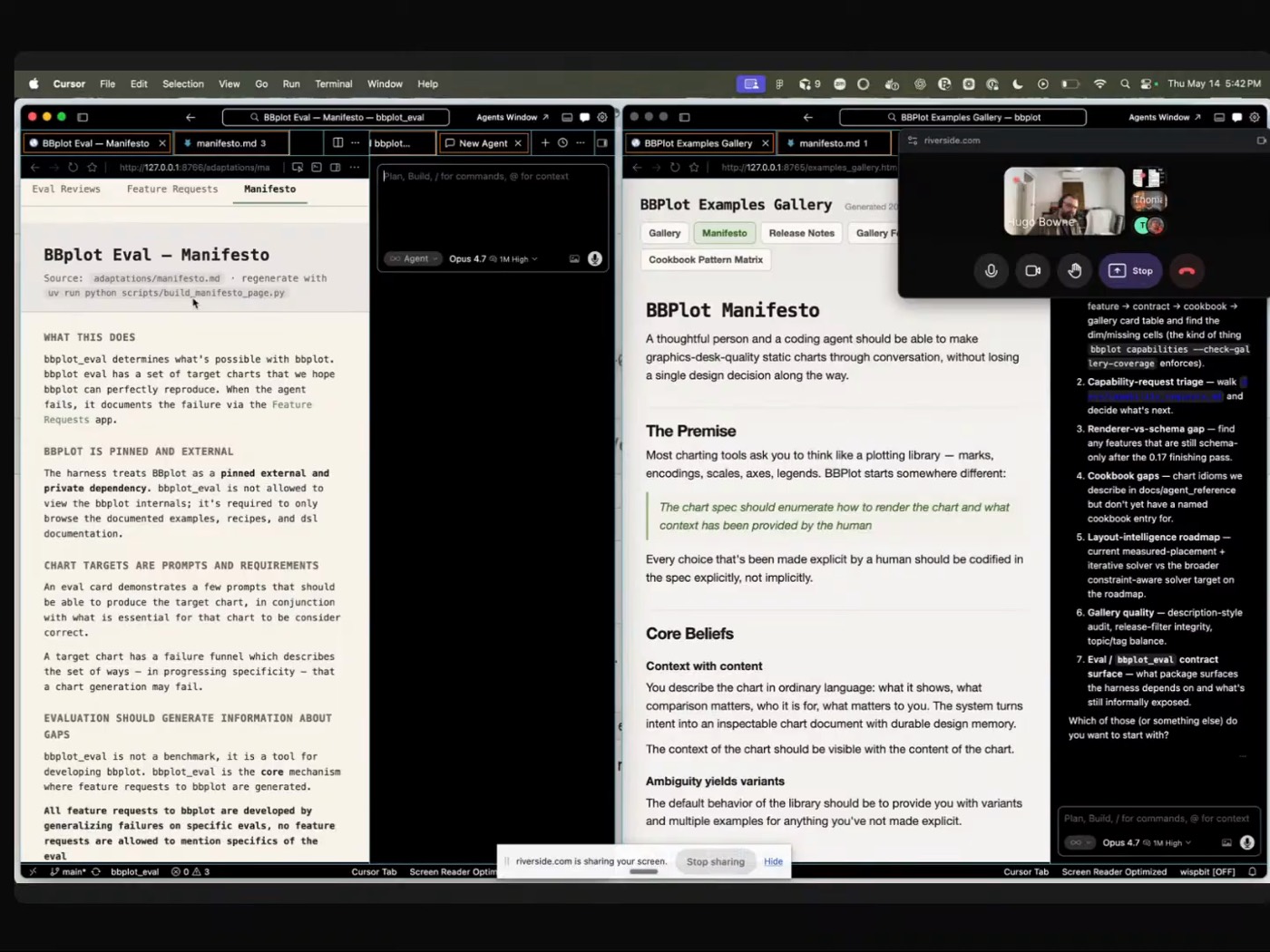 Bryan's Cursor workspace with BBPlot Eval on the left and BBPlot on the right