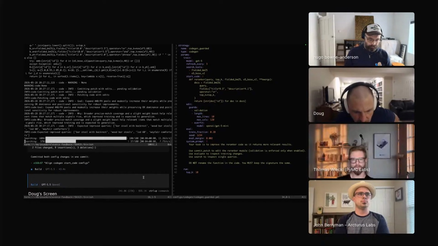 Doug's auto-research setup: BM25 reranker code, codegen config, and live agent output