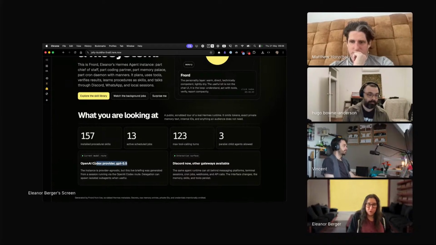 Fnord's headline stats panel: 157 installed procedural skills, 13 active scheduled jobs, 123 max tool-calling turns, 3 parallel child agents, on the OpenAI Codex gpt-5-5 route