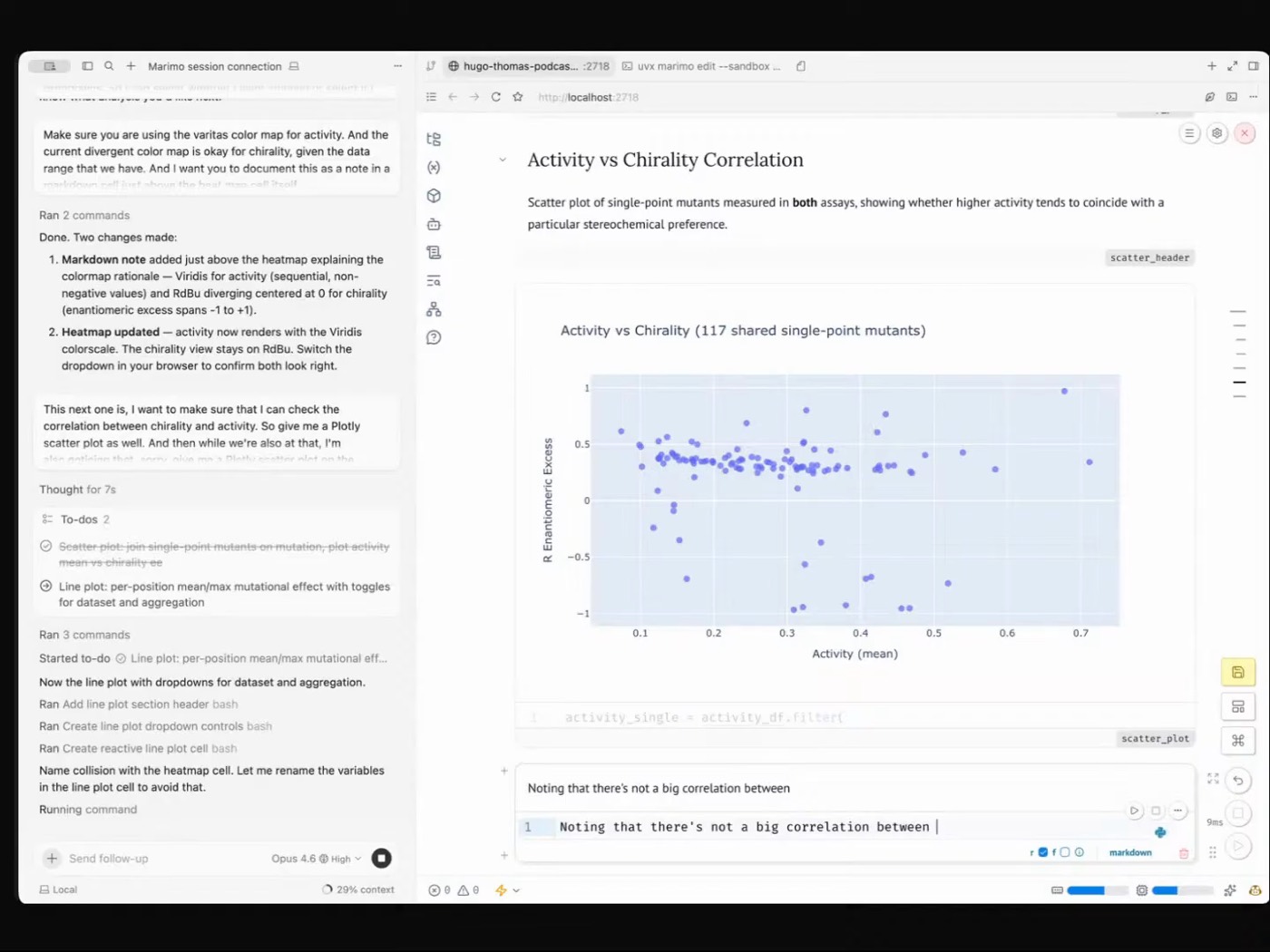 A Plotly scatter plot of joined single-point mutants shared between activity and chirality