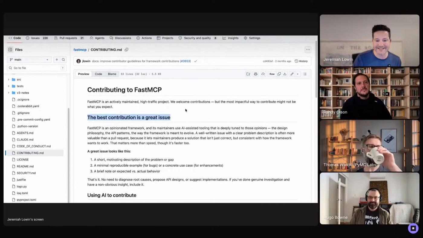 The FastMCP CONTRIBUTING.md doc with the heading 'The best contribution is a great issue'