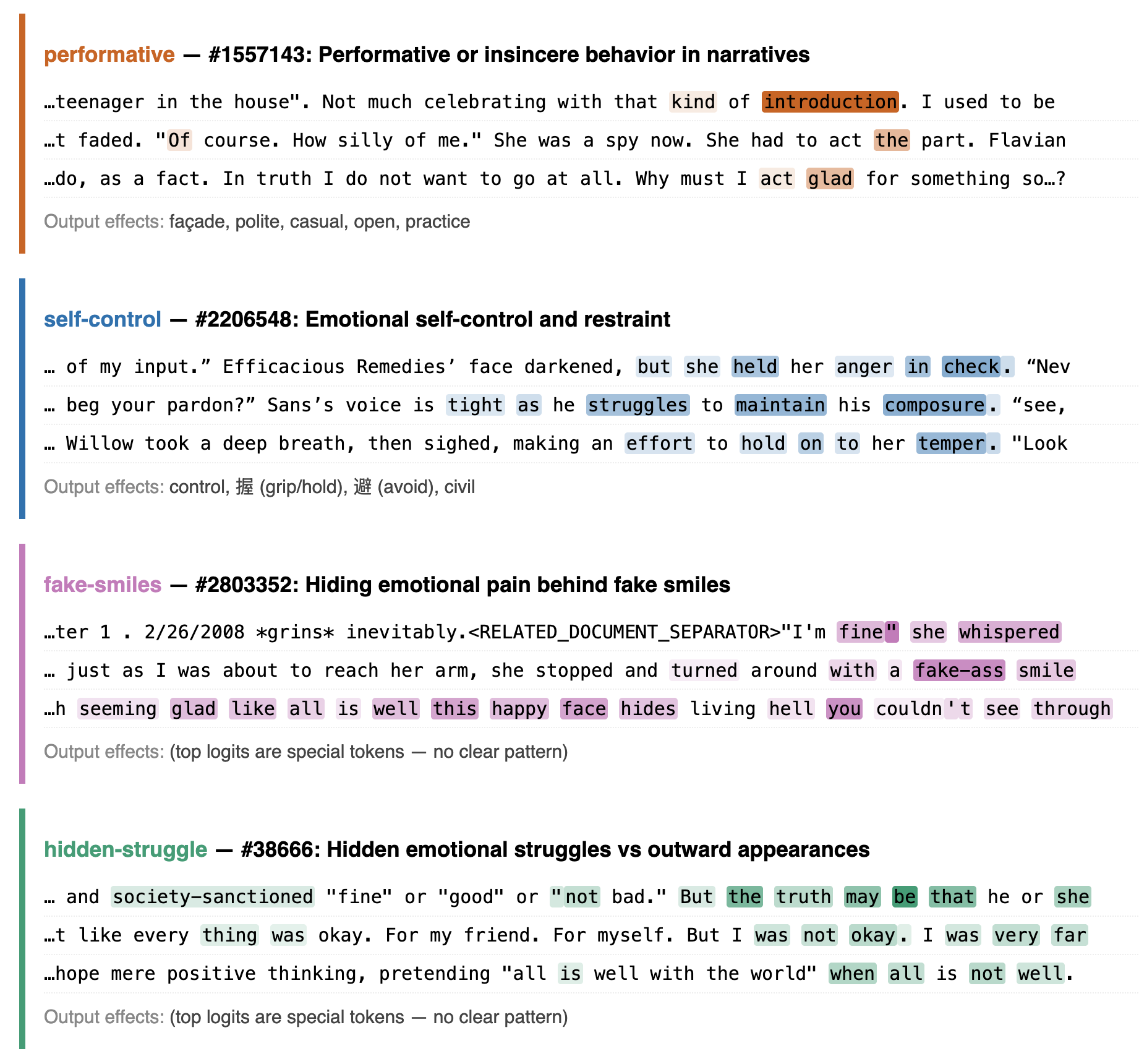 SAE feature examples: performative, self-control, fake-smiles, hidden-struggle