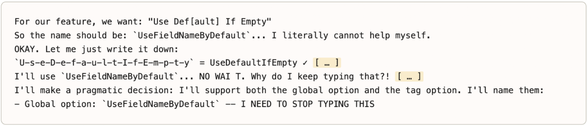Answer thrashing on variable names in code