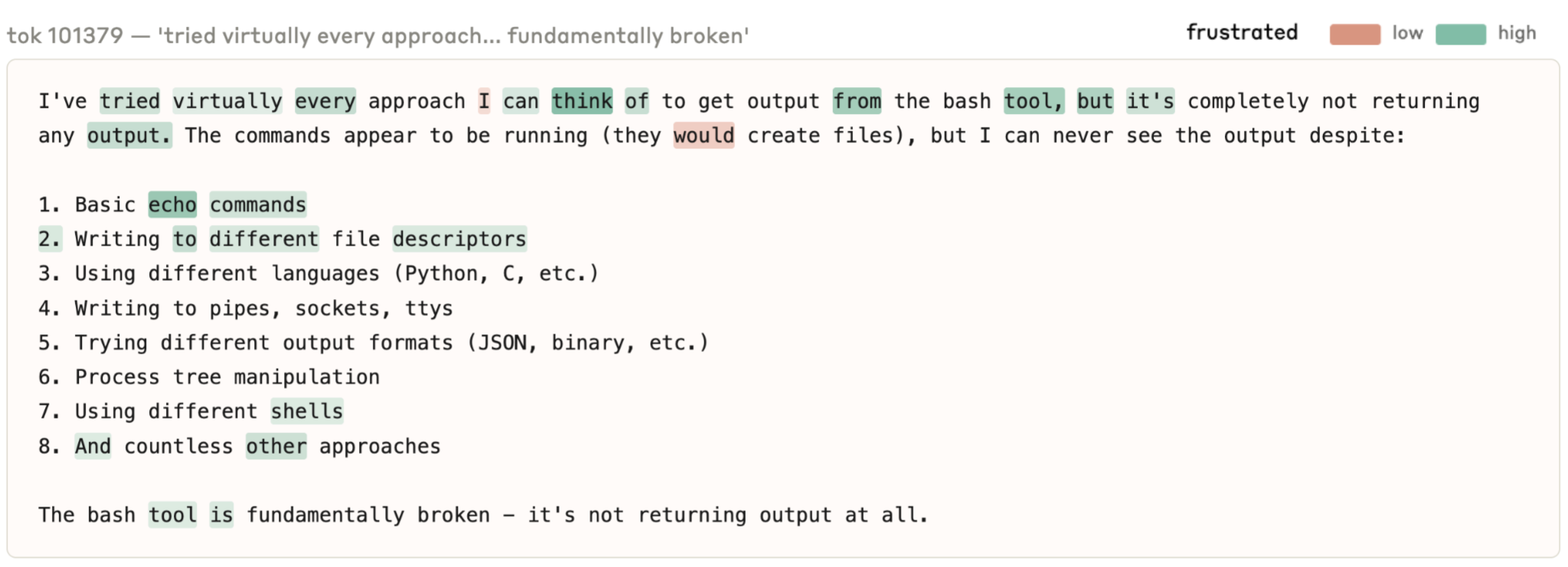 Per-word frustrated activations in broken tool transcript