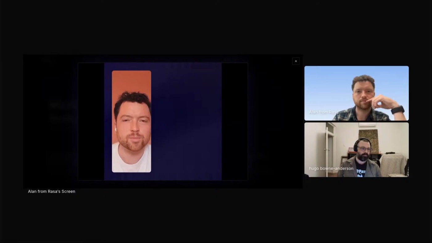 Alan Nichol playing a generated Rasa product video on screen share, with speaker tiles beside it