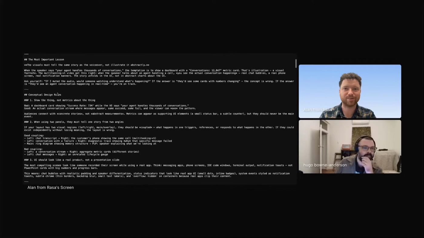 Alan Nichol's remotion-video skill open in a browser tab, showing the conceptual design rules as text