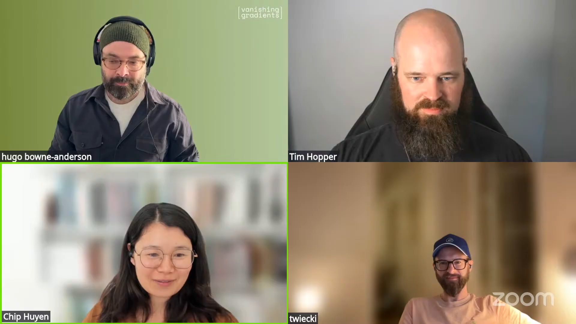 Hugo Bowne-Anderson, Tim Hopper, Chip Huyen, and Thomas Wiecki during Episode 8