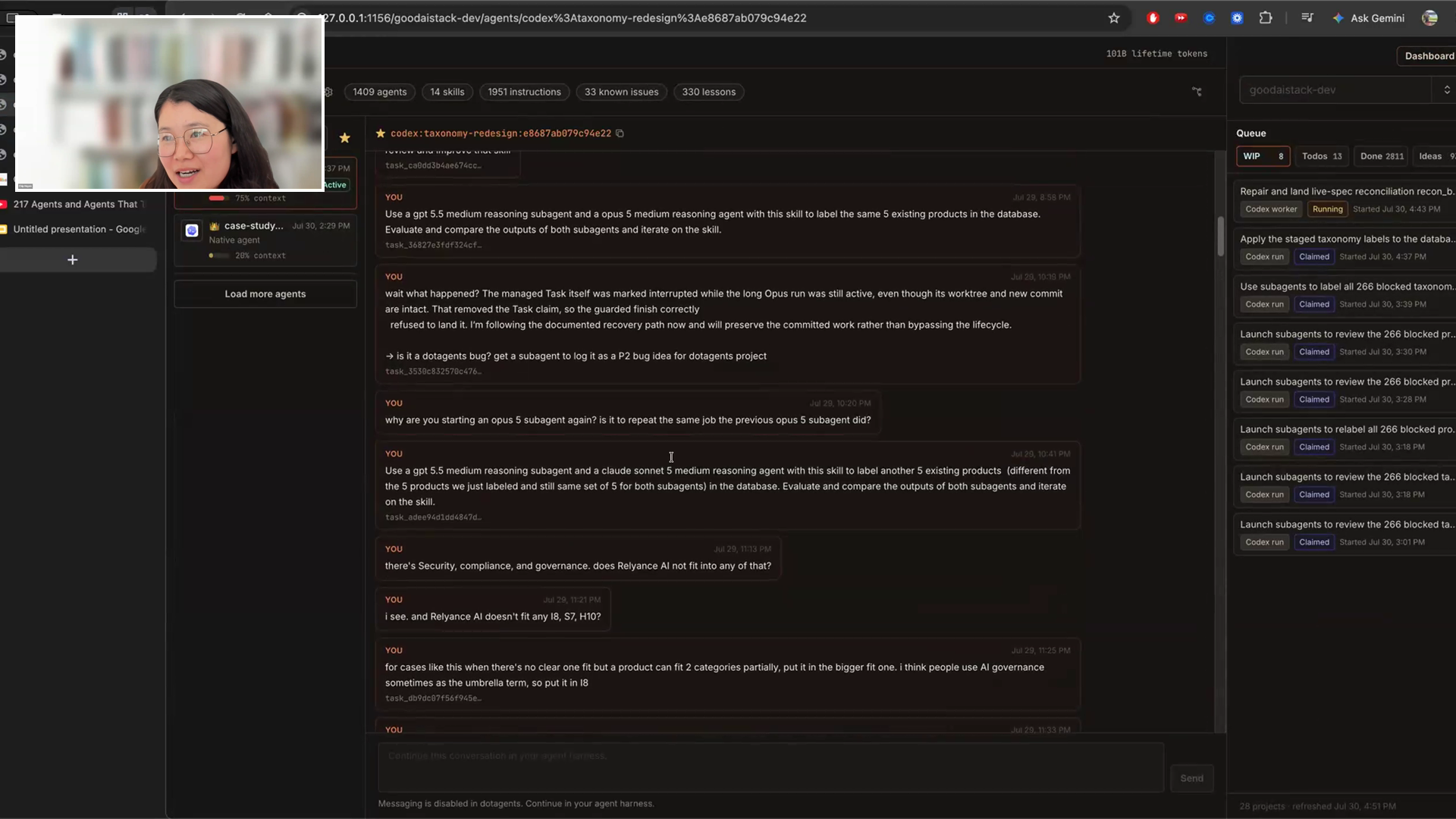 Chip Huyen's runner showing a Good AI Stack project with 1,409 agents