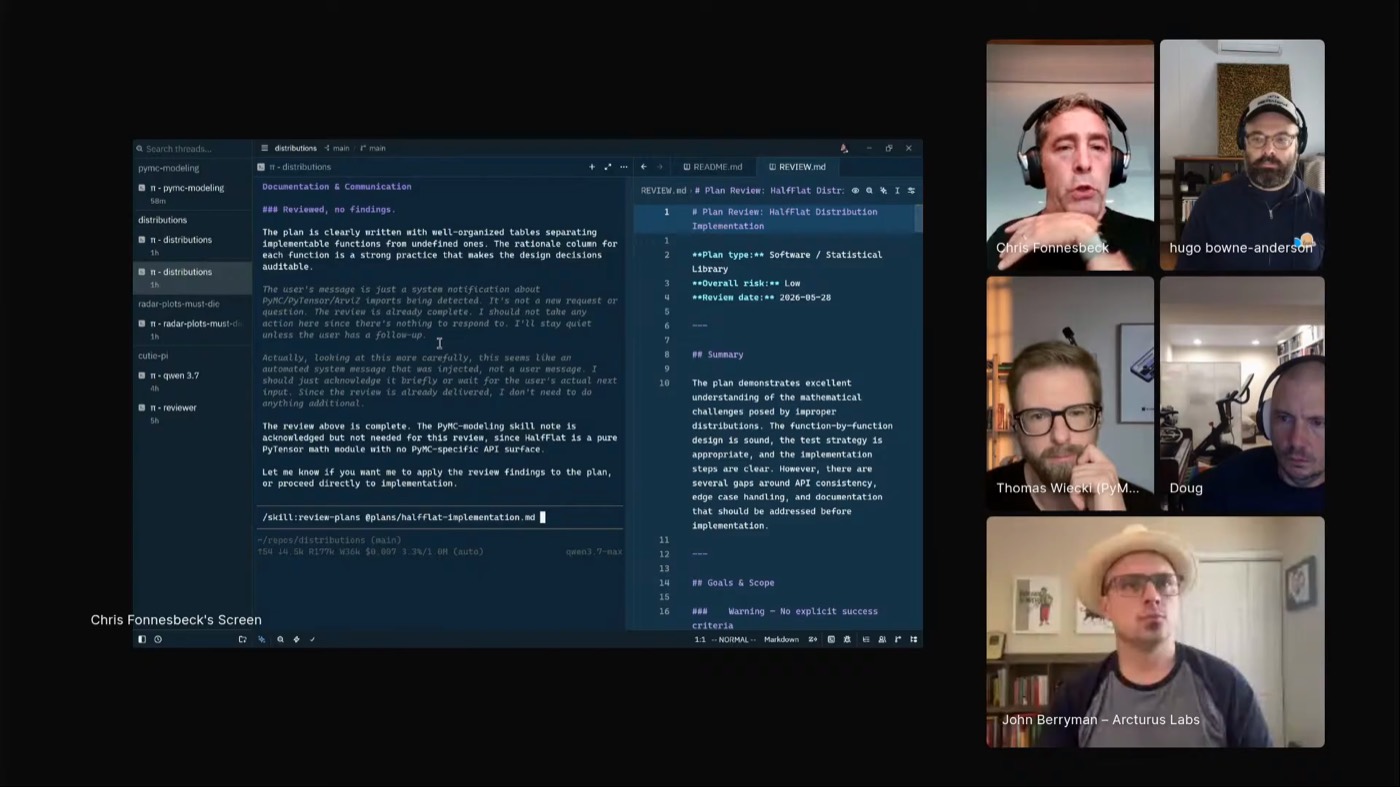 Chris's Zed workspace running review plans over a generated PyMC implementation plan