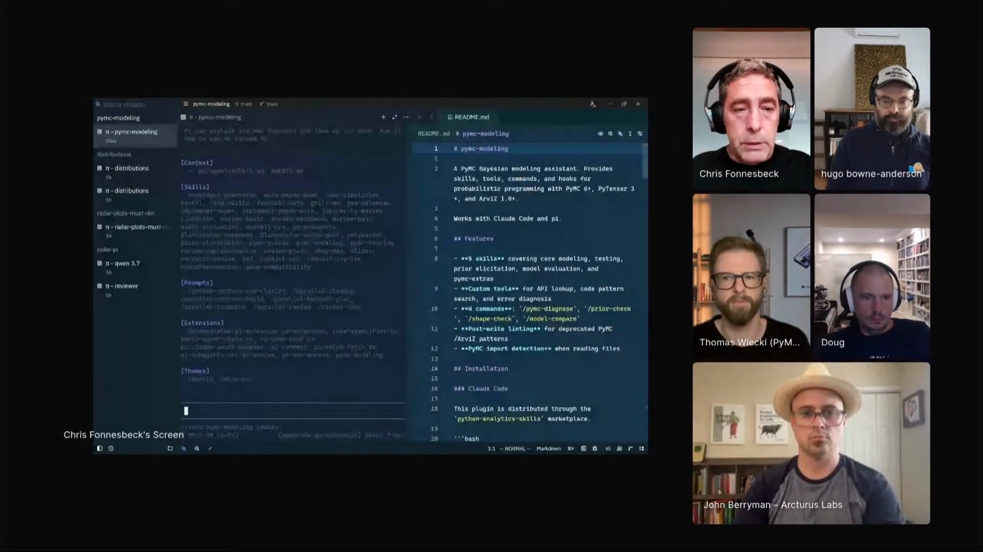 Chris's Zed workspace with several agent sessions docked on the left and a PyMC file open