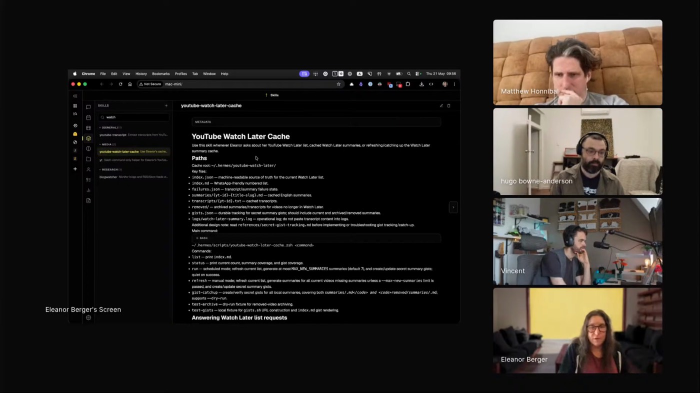 The youtube-watch-later-cache skill markdown in the Hermes skills browser, showing the cache root, key files, and run, refresh, and gist-catchup commands