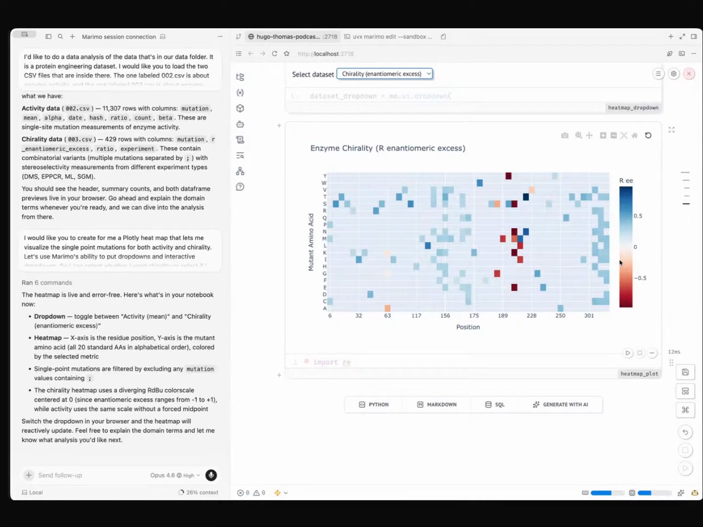 A Plotly heat map of single-point mutations with a dropdown for activity vs chirality