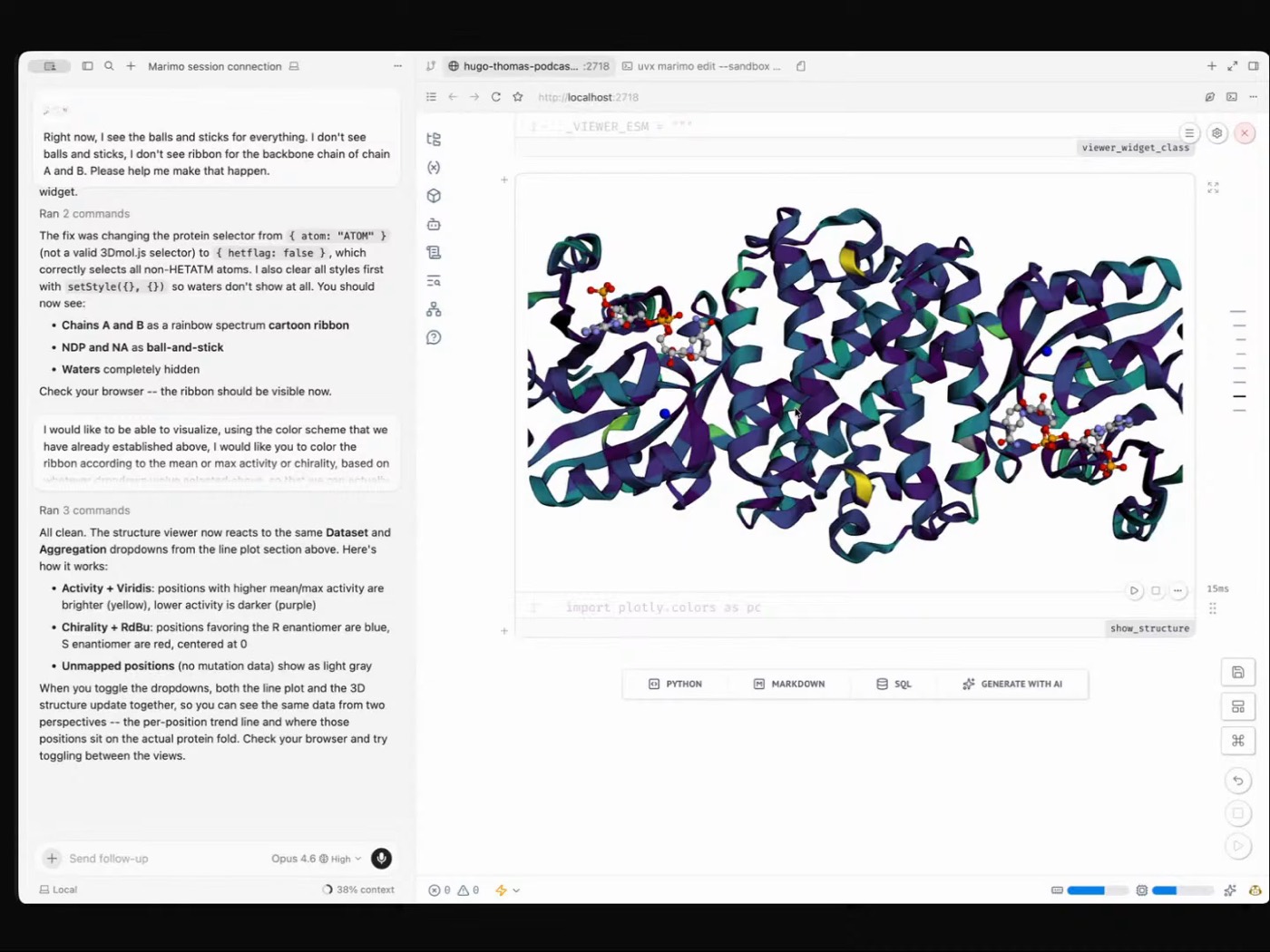 Eric's Marimo notebook showing a protein structure colored by mutational effect