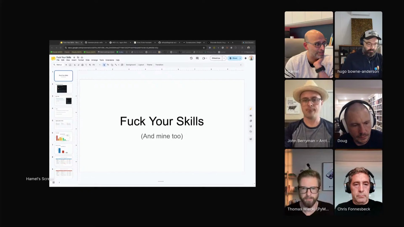 Hamel's title slide reading Fuck Your Skills with the subtitle And mine too