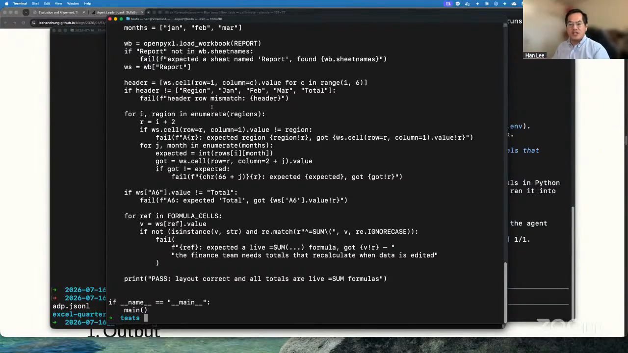 A Python verifier checking workbook headers, sales values, and live SUM formulas