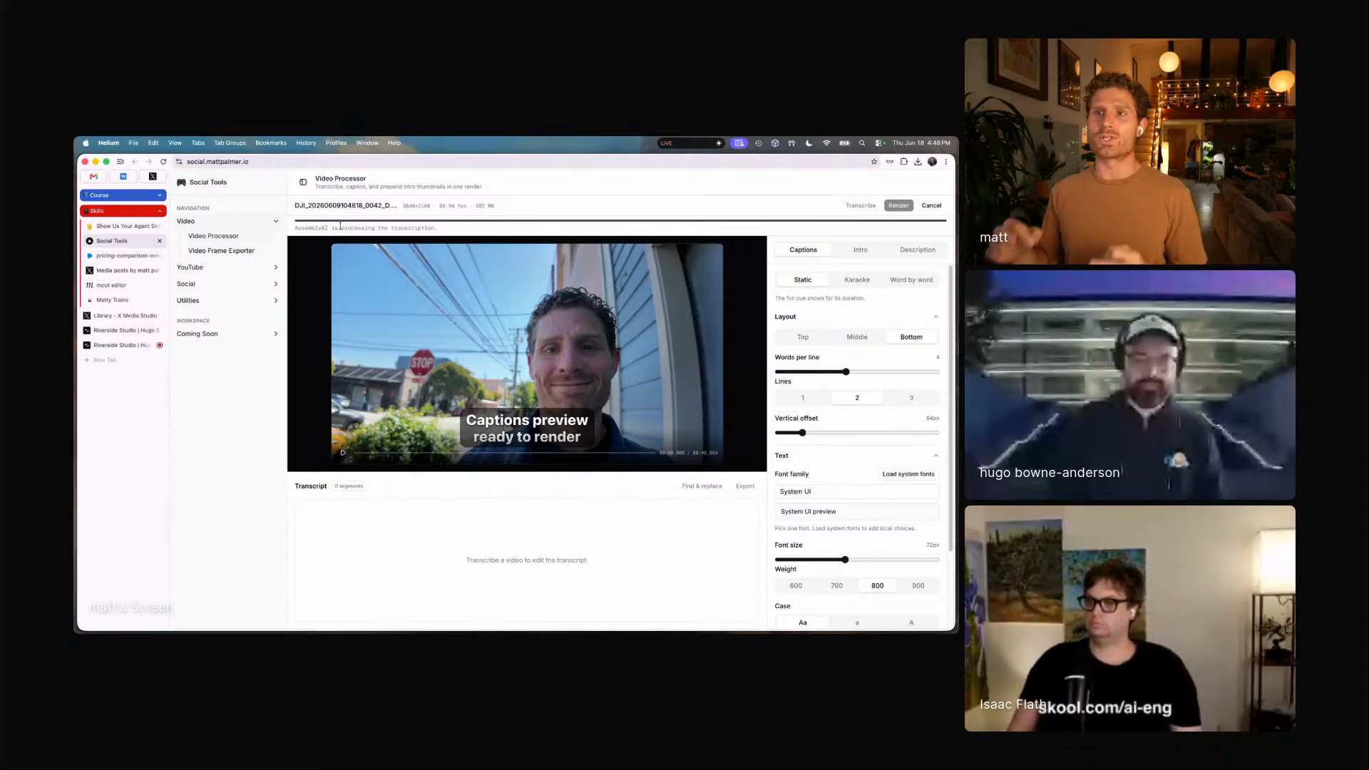 Matt's browser video processing dashboard using MediaBunny and AssemblyAI