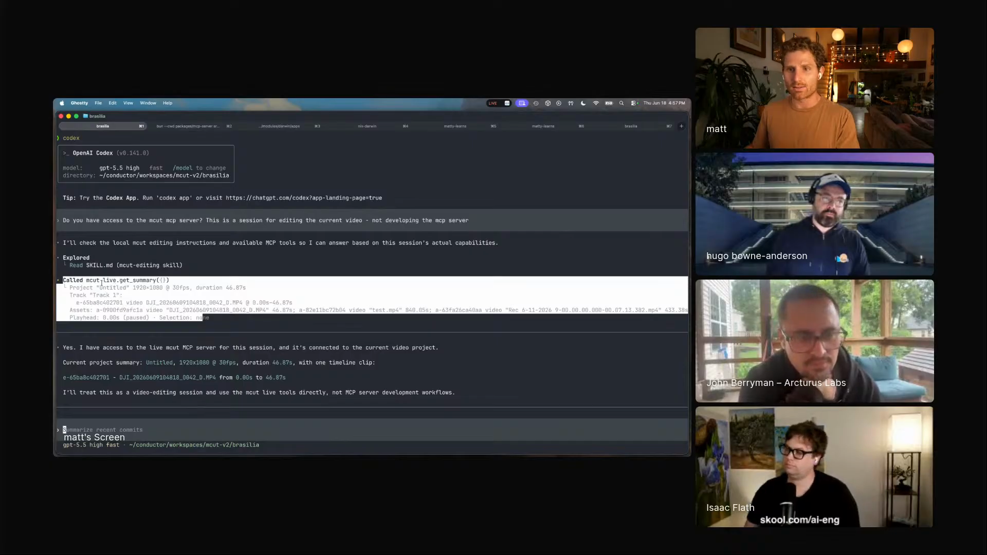 Codex reading MCut timeline state through the MCut MCP summary tool