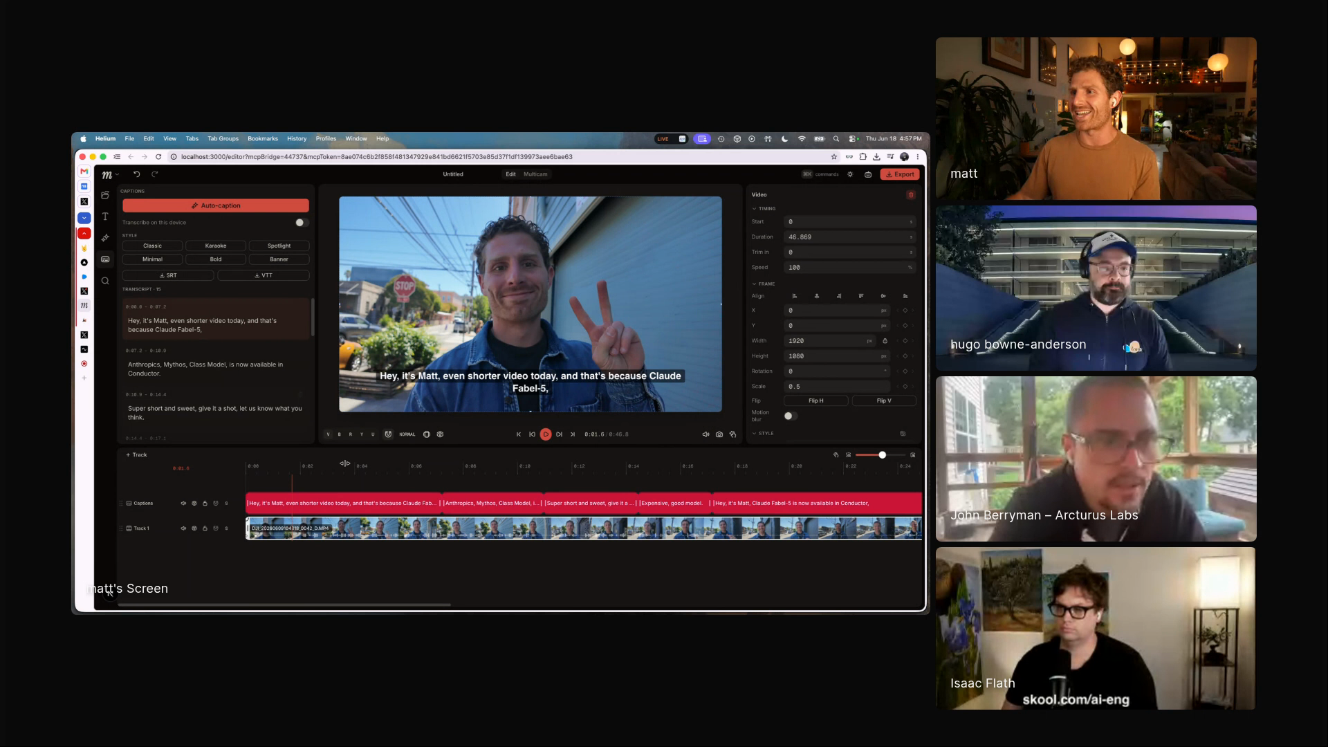 MCut browser video editor with captions, tracks, transcript, and timeline controls