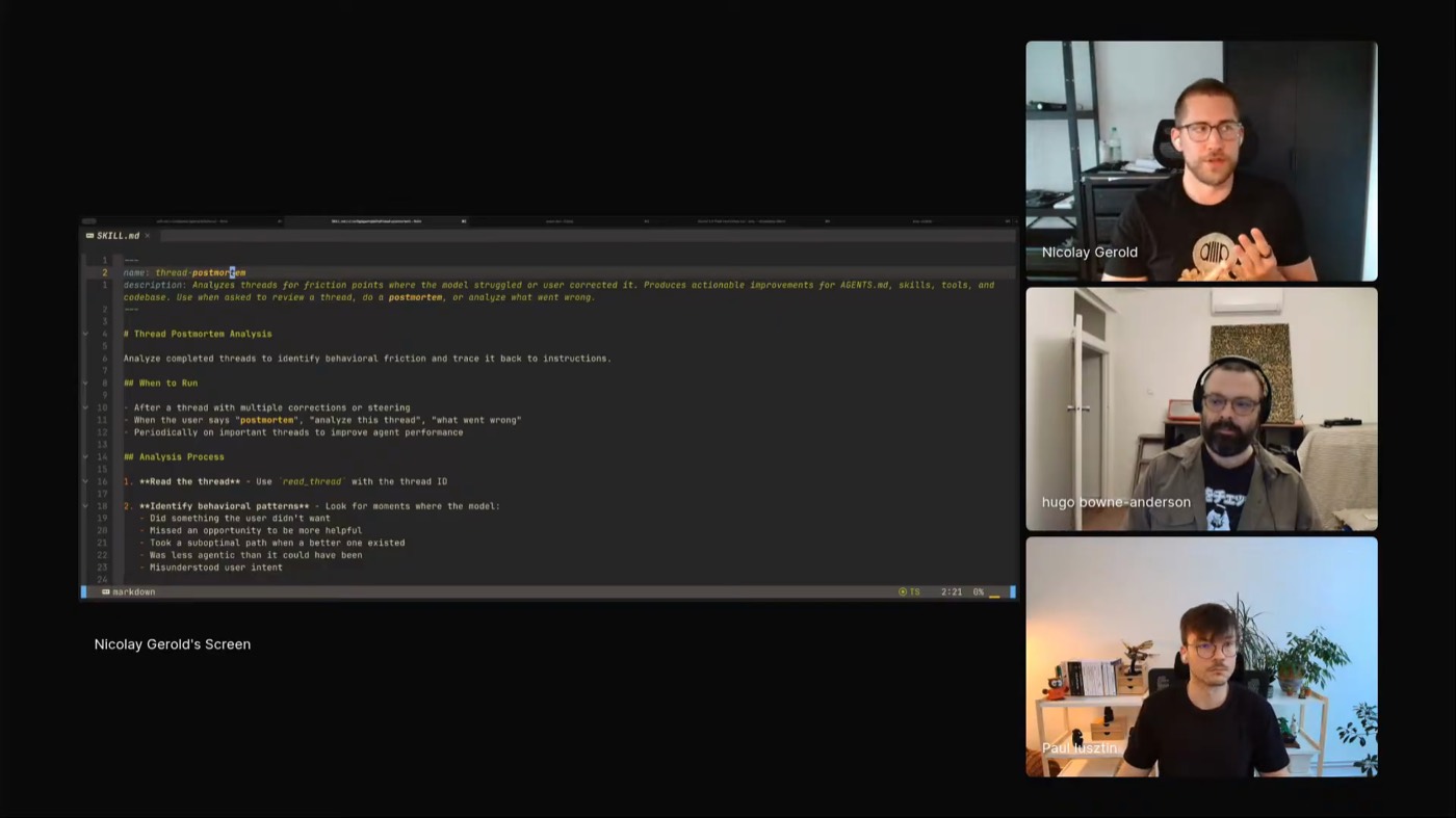 Nicolay Gerold demonstrating the thread-postmortem skill on stream