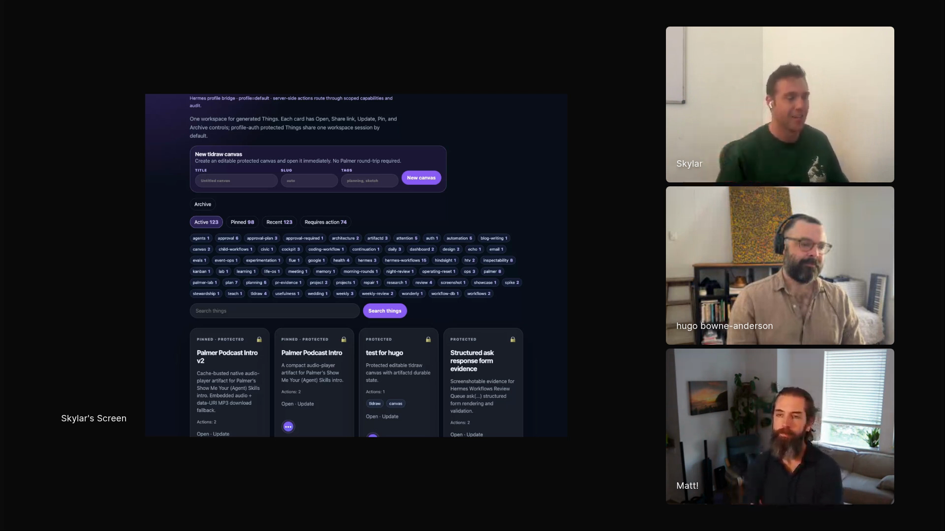 Skylar Payne showing Palmer's artifact workspace with generated documents