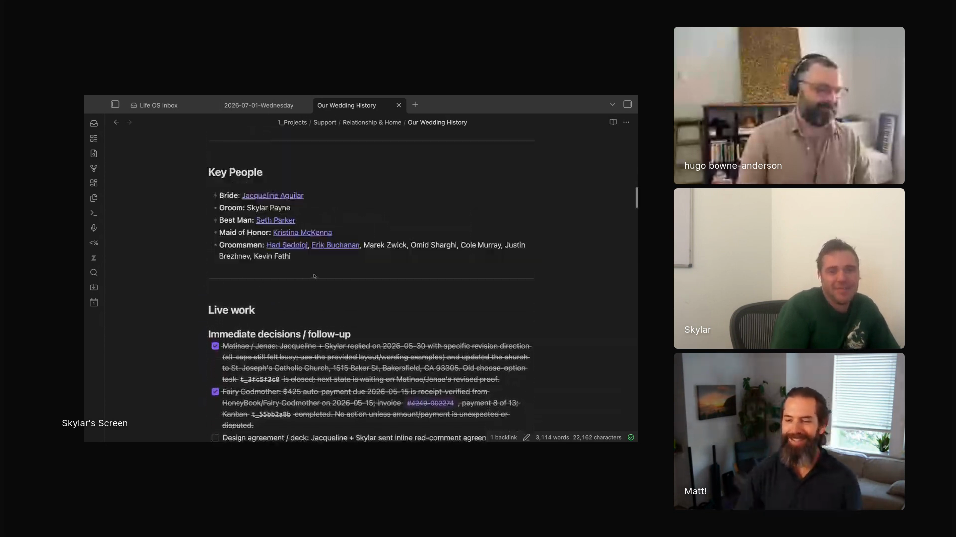 Skylar Payne showing Obsidian notes curated by Palmer for wedding planning
