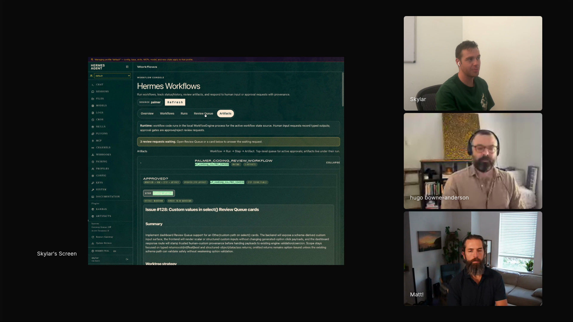Skylar Payne showing the Hermes Workflows dashboard with a review queue and saved artifacts