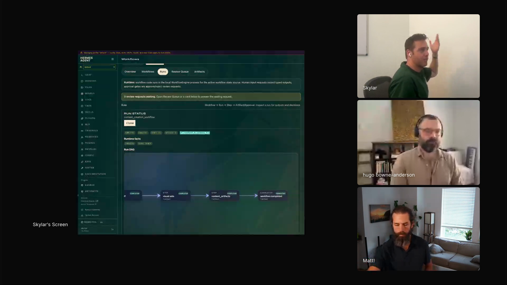 Skylar Payne showing a Hermes workflow run DAG for a content creation workflow