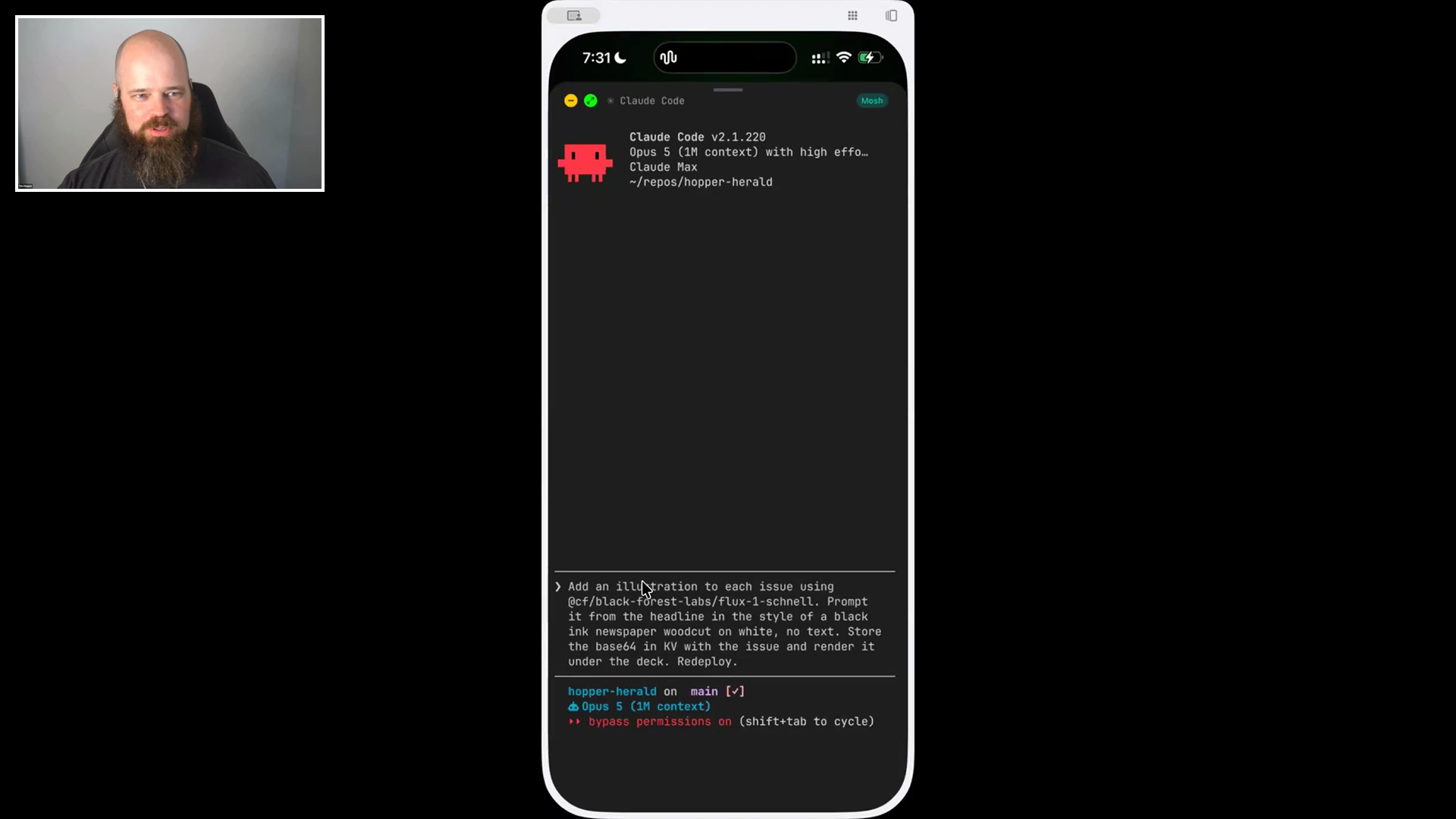 Claude Code running in Tim Hopper's Hopper Herald project on his iPhone