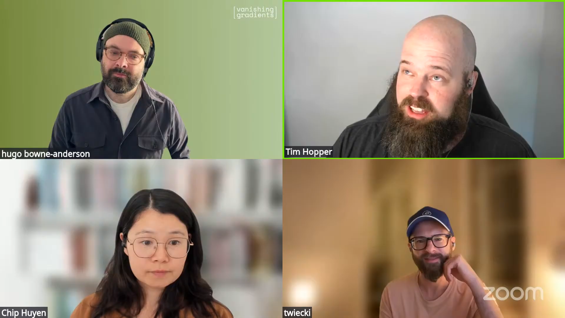 Hugo Bowne-Anderson, Tim Hopper, Chip Huyen, and Thomas Wiecki during Episode 8