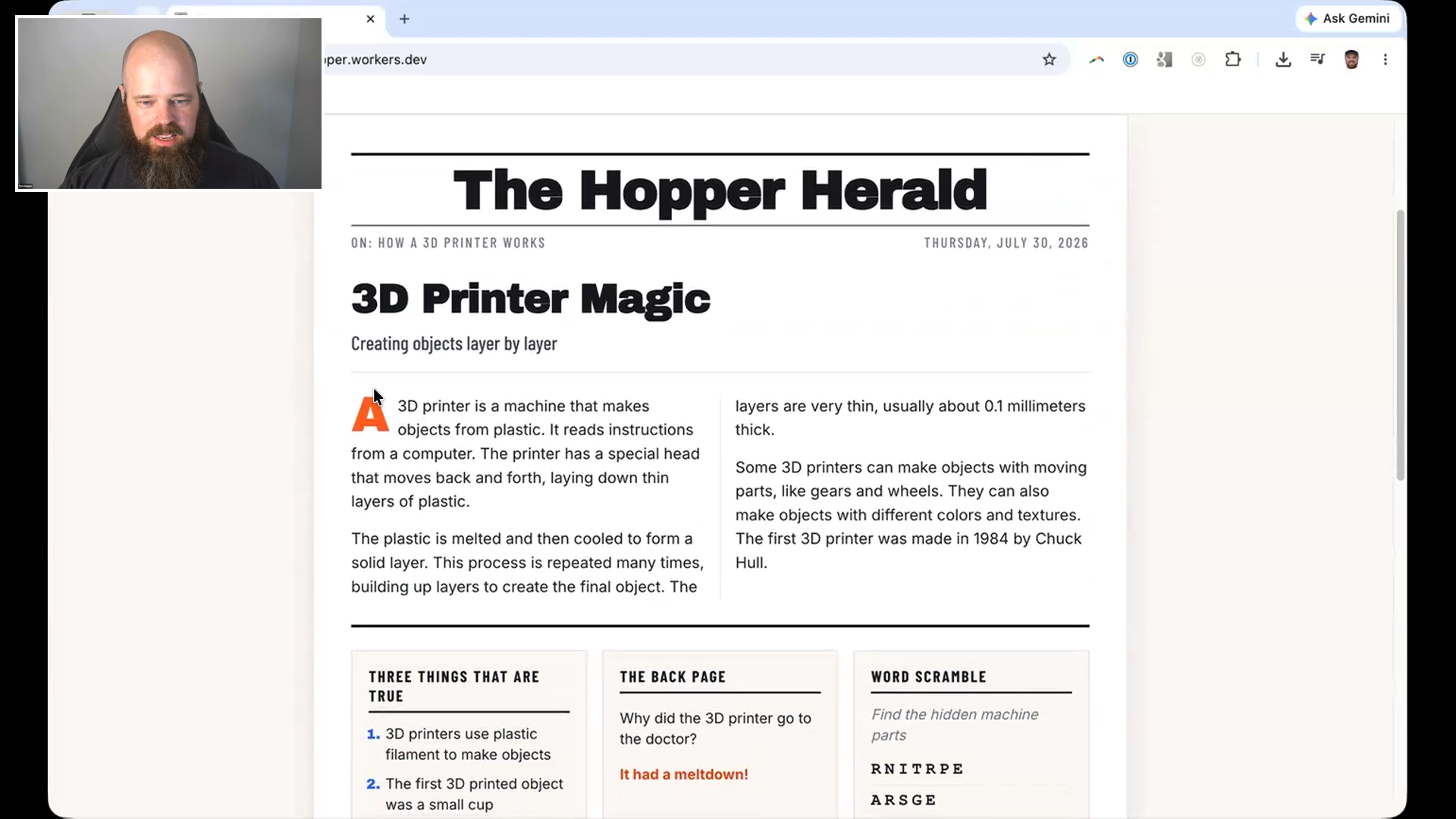 Tim Hopper showing the Hopper Herald magazine site