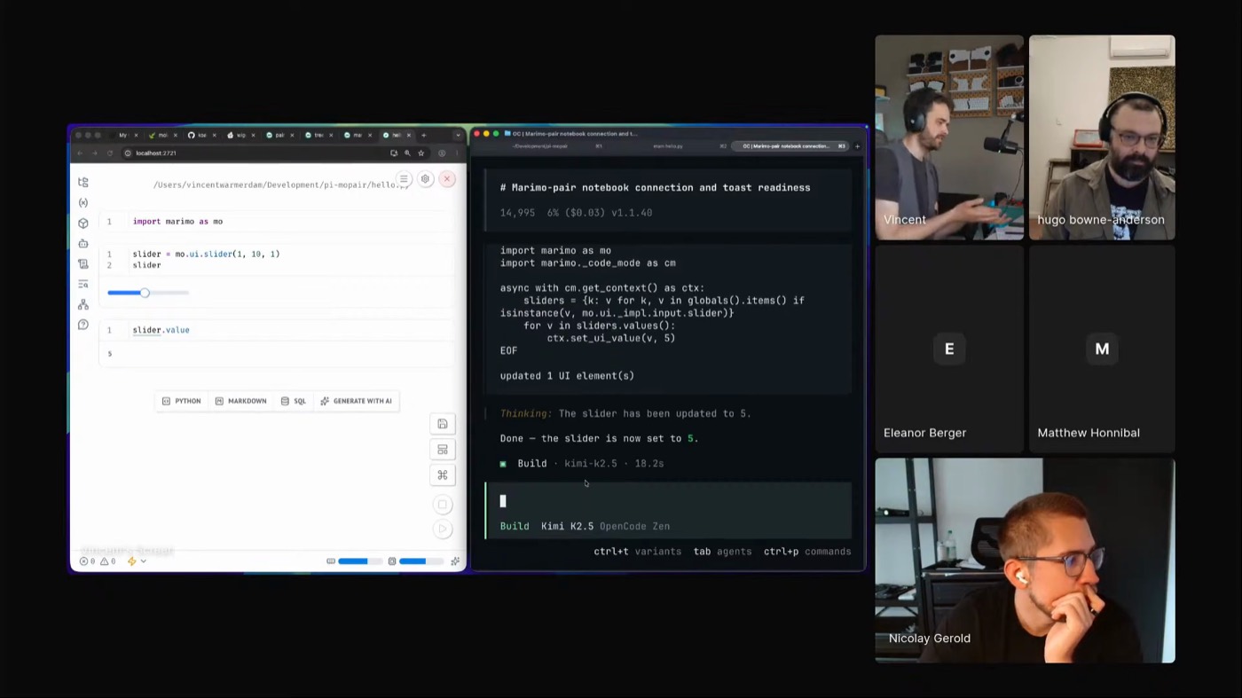 Vincent showing marimo pair connected to a live notebook with a slider value the agent can inspect
