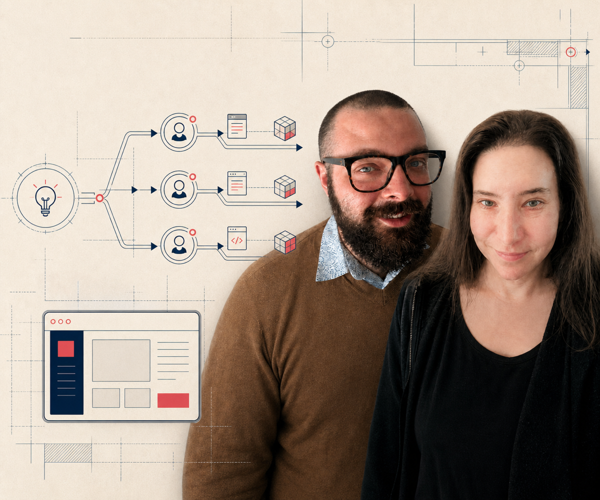 Hugo Bowne-Anderson and Eleanor Berger with an agentic software factory diagram